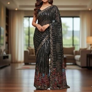 Elegant Black and Red Saree